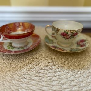 Two Pretty Old Gold Hand Painted Teacup and Saucer